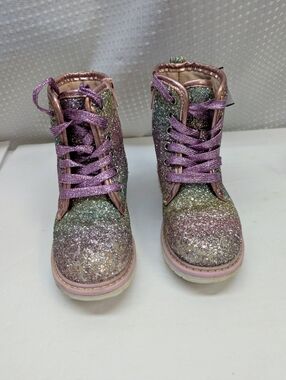 Glitter Lace-Up,Zip Girl Combat Boots Pink, Lavender, and Silver Sparkle, 11.